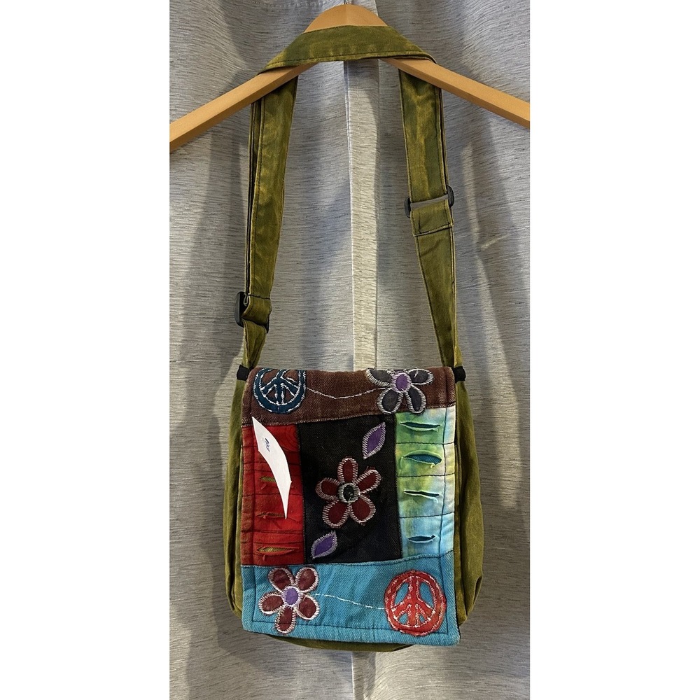 Patchwork Messenger Bag Hippie Cross Body, Peace Sign,Flowers, Cotton Unique bag